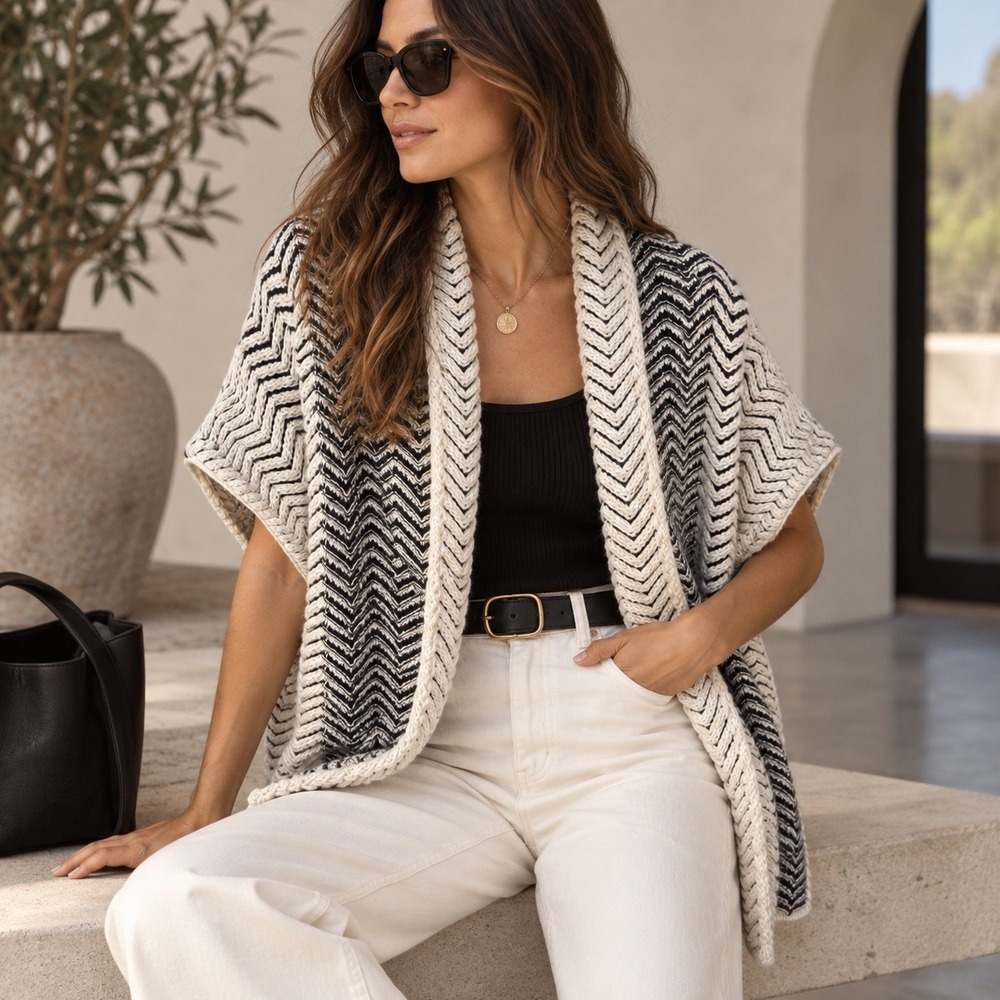 Coldwater Creek Womens L Cardigan Sweater Wool Chunky Knit Chevron Black Ivory